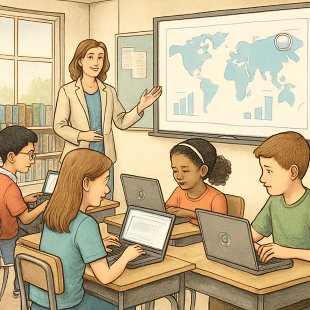 A classroom of students using Chromebooks, showcasing an interactive learning session. Students in a classroom using Chromebooks for interactive learning, representing education technology and critical thinking.