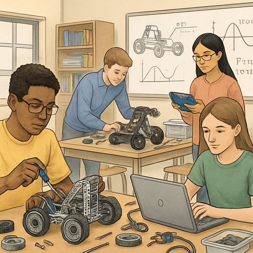 A high school classroom where students are working on a robotics project, combining engineering and mathematics. High school students in a CTE robotics class integrating engineering and math.
