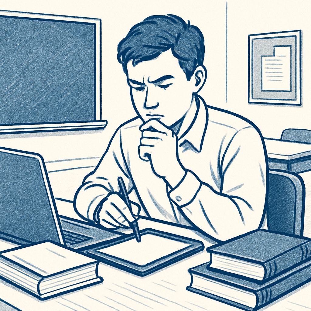 A student deeply engaged in critical thinking with both digital tools and traditional books. A student balancing technology and traditional methods for deeper learning, emphasizing critical thinking.