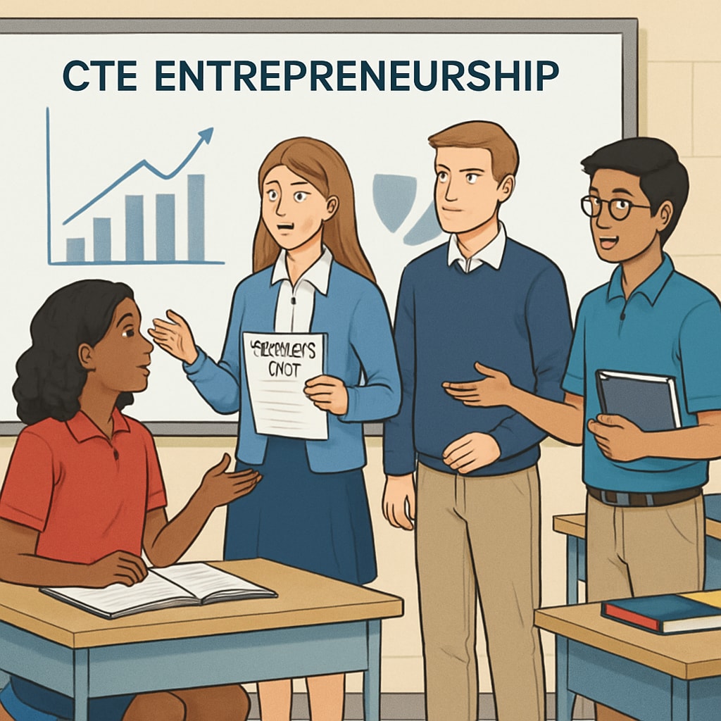 A group of students presenting a business plan as part of a CTE entrepreneurship program, demonstrating teamwork and communication. Students in a CTE entrepreneurship program showcasing teamwork and communication.