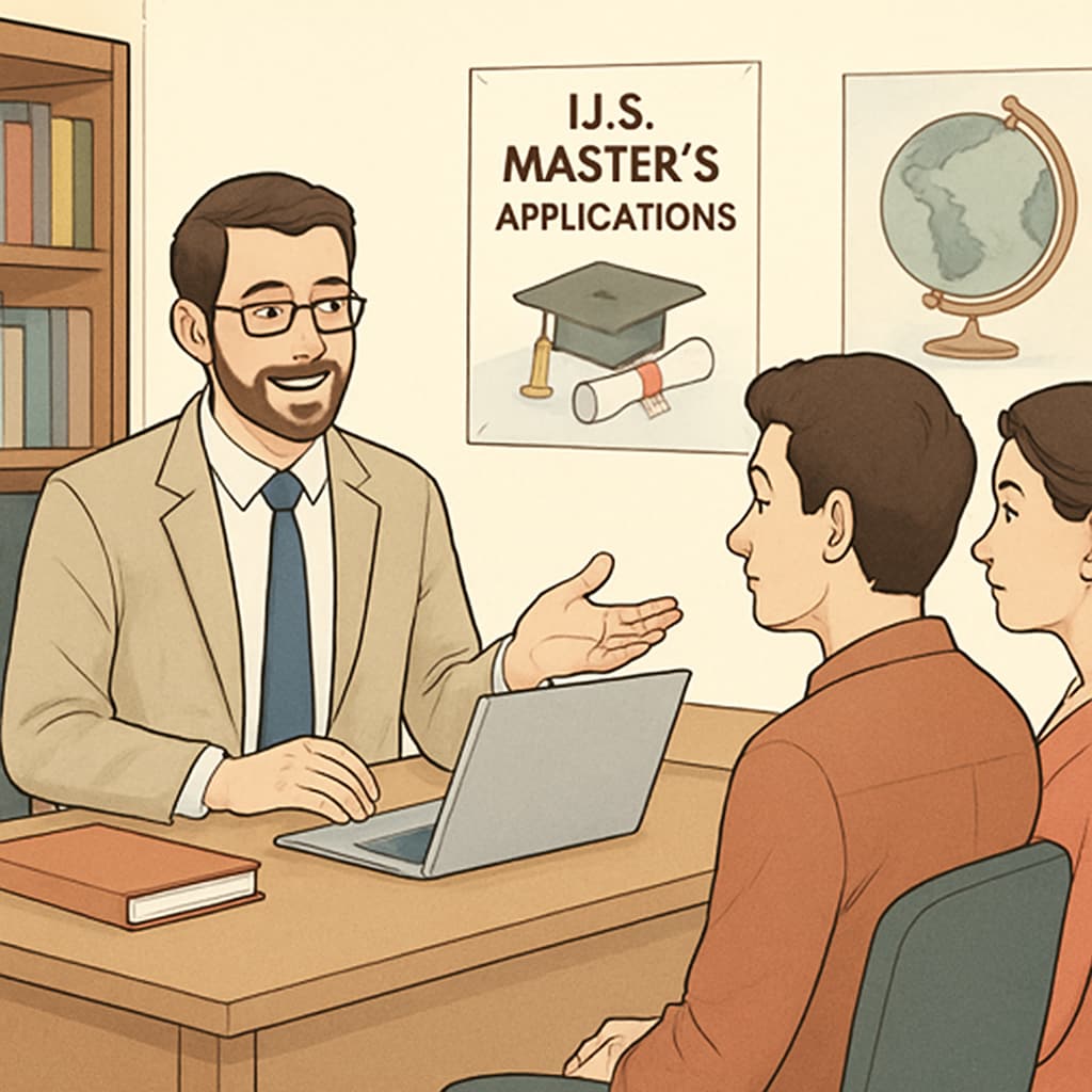 A counselor advising a student and family about U.S. master's applications.