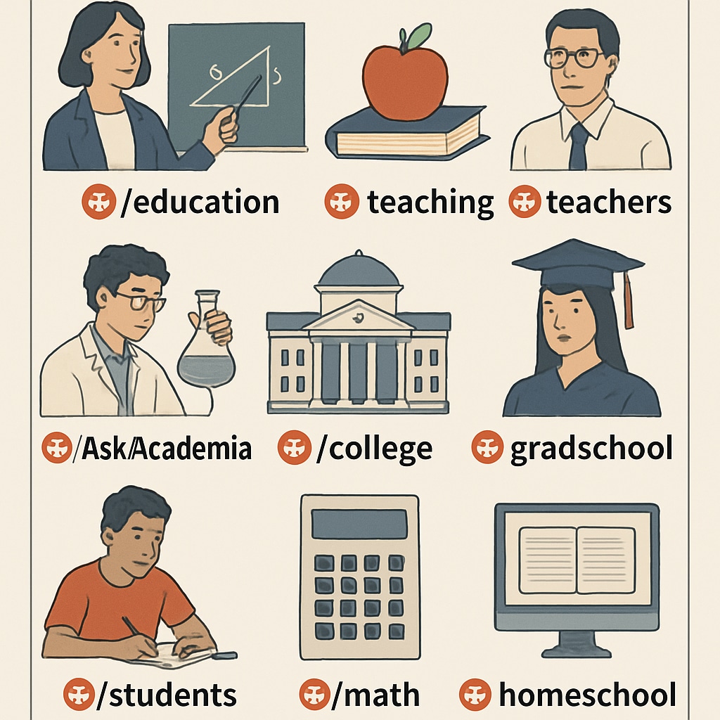 Subreddit categories highlighting K12 education and resource-sharing forums.