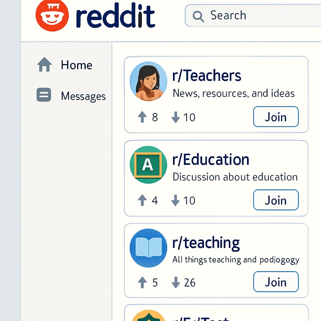 A screenshot of a Reddit homepage showing various educational subreddits, such as r/Teachers and r/Education. Screenshot of Reddit homepage with educational subreddits for teachers.