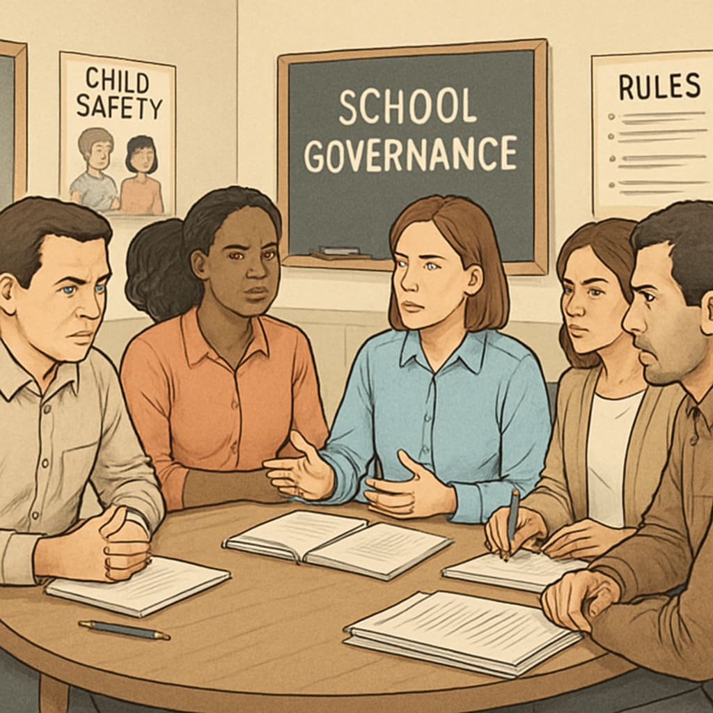 Concerned parents discussing child safety and school governance challenges.