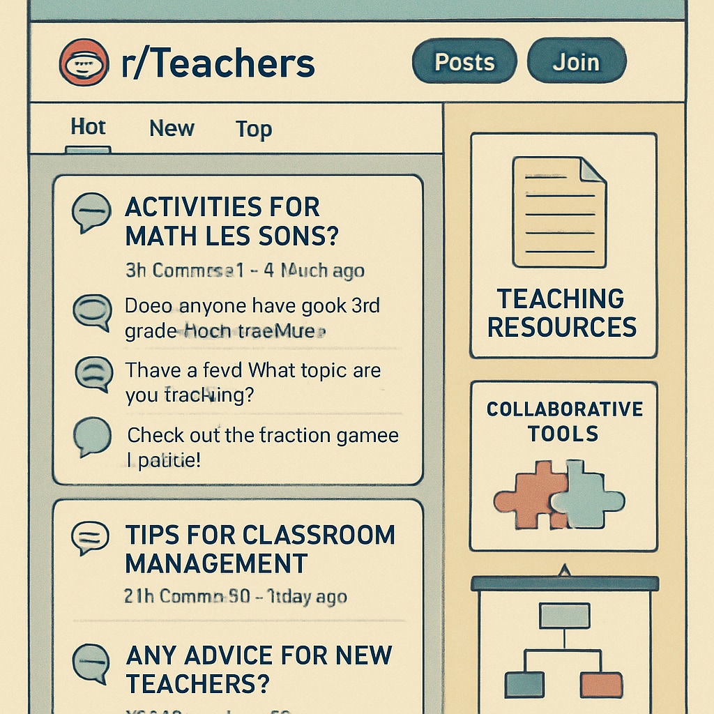 A detailed view of the r/Teachers subreddit with active discussion threads and shared resources visible. Screenshot of r/Teachers subreddit featuring discussion threads and teaching tools.