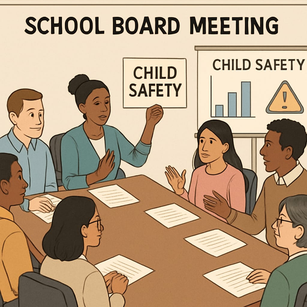 Community members addressing child safety concerns during a school board meeting.