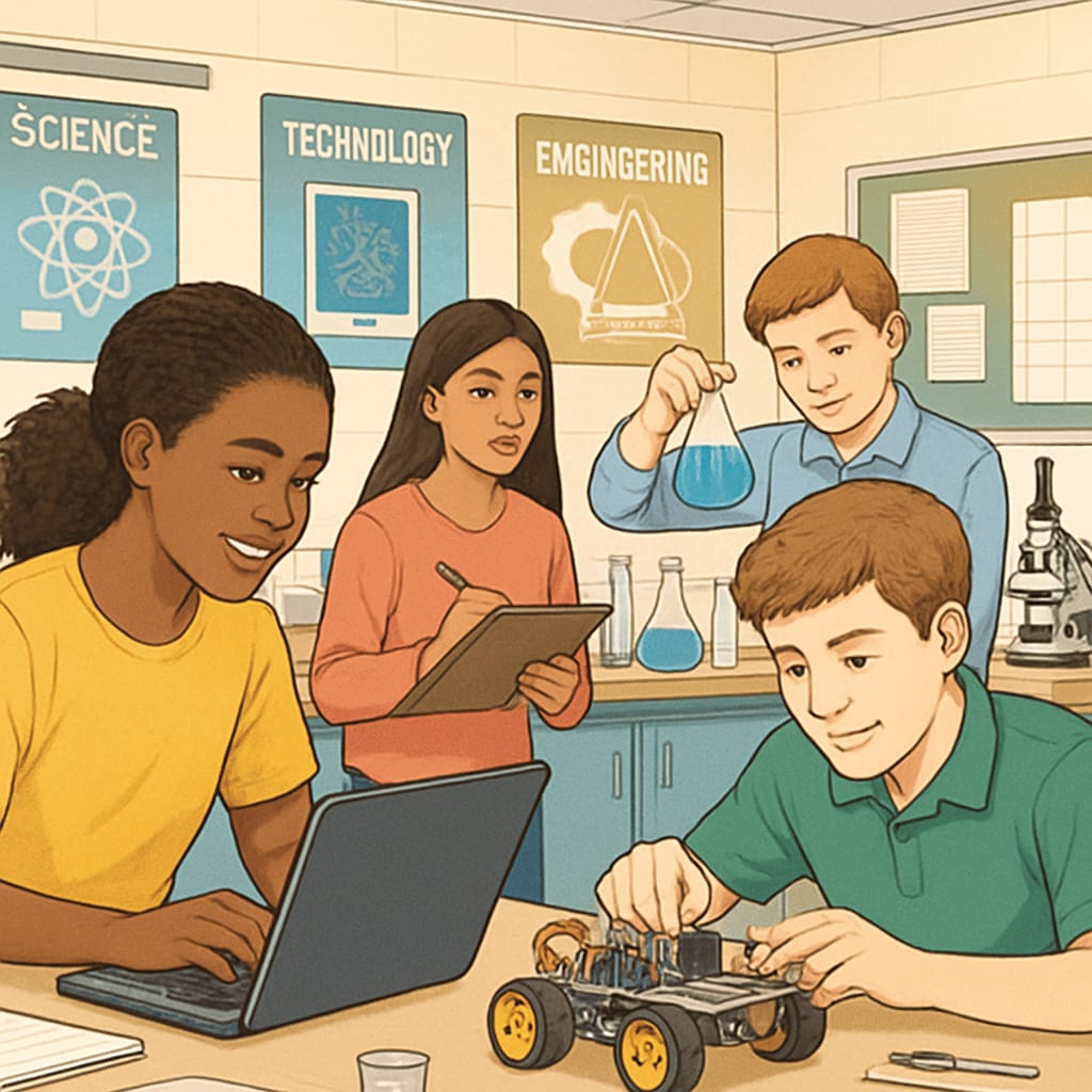 High school students in STEM class, preparing for university.