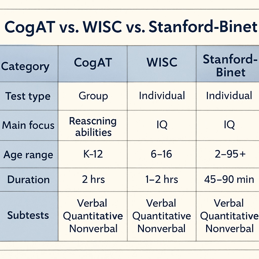 Comparison chart of CogAT, WISC, and Stanford-Binet intelligence tests.