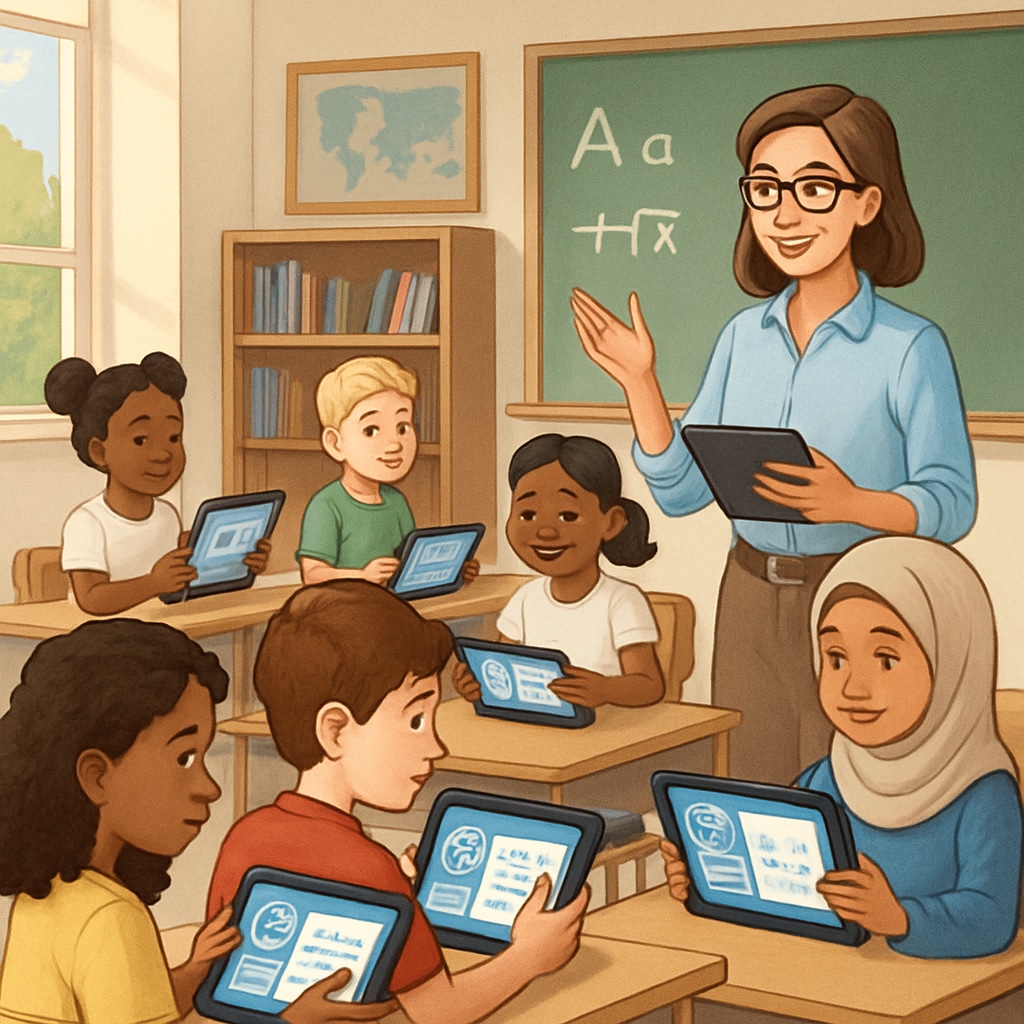A classroom with students using tablets and AI-powered educational tools, demonstrating personalized learning in action. Students in a classroom using AI-driven personalized learning tools.
