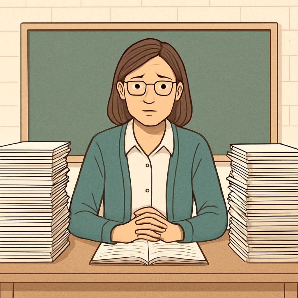 Teacher at a desk with papers illustrating workload issues.