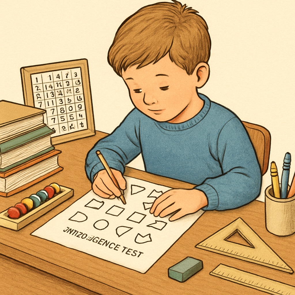 Child taking an intelligence test with educational materials nearby.