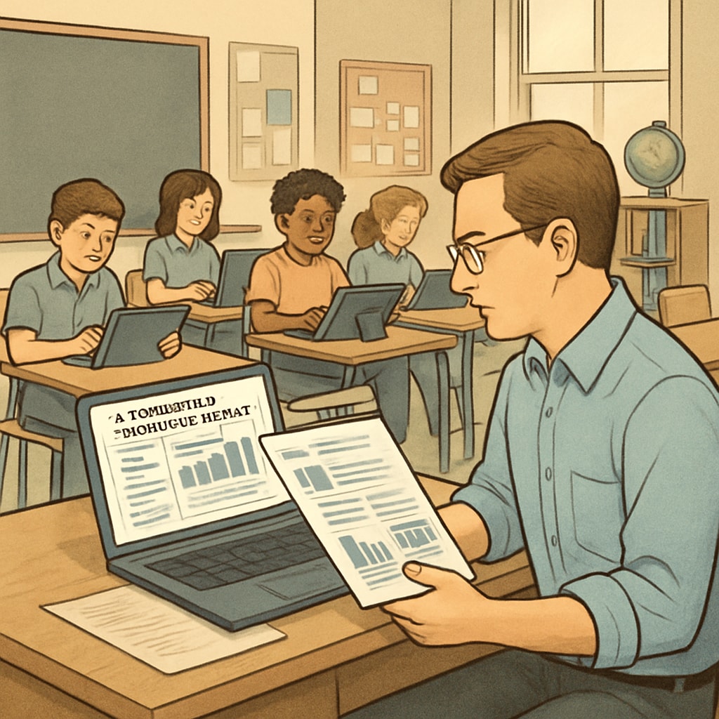 A teacher reviewing AI-generated assessment reports on a laptop while students engage with digital learning devices. AI-powered assessment tools assisting teachers in a K-12 classroom.