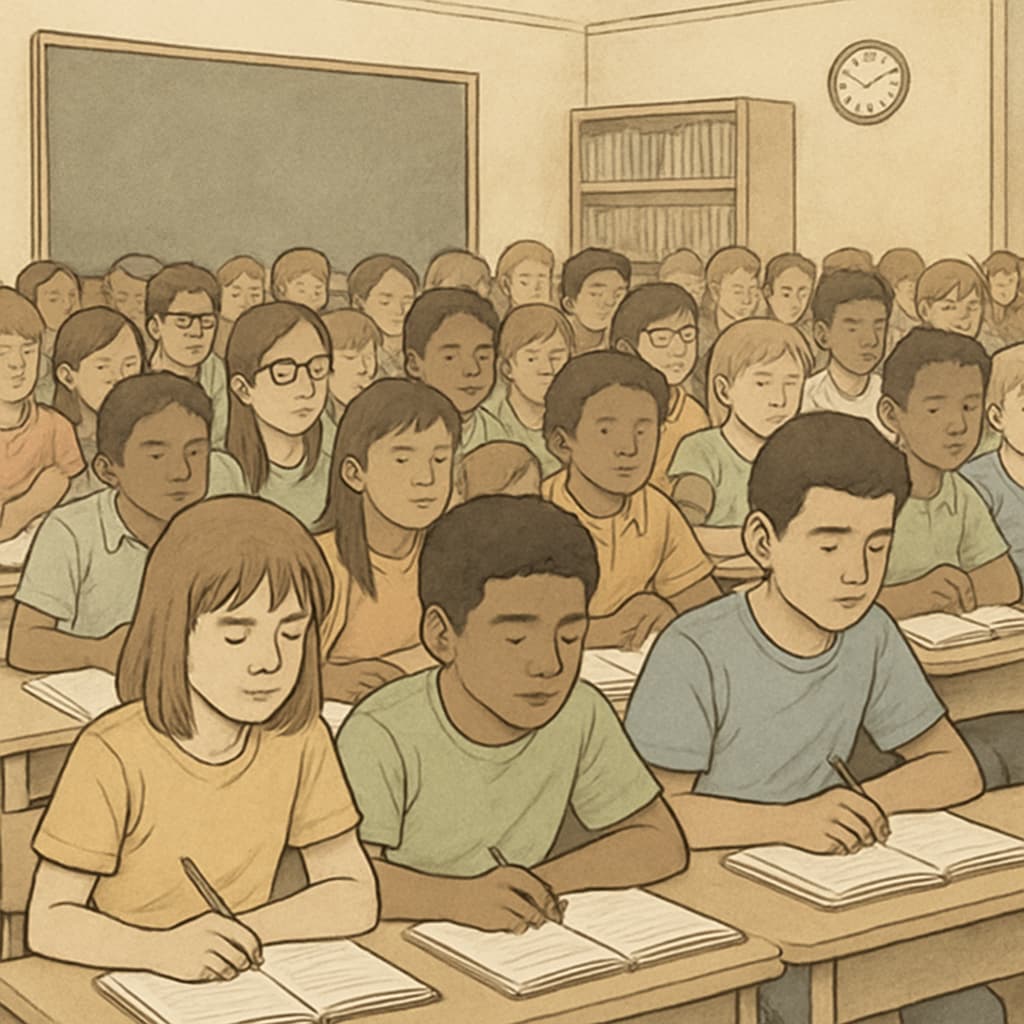 Overcrowded classroom showing challenges in teacher working conditions.