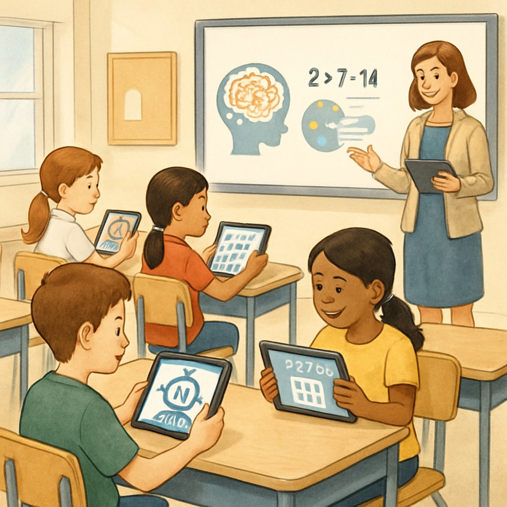 Students in a classroom using AI-powered education tools on tablets.