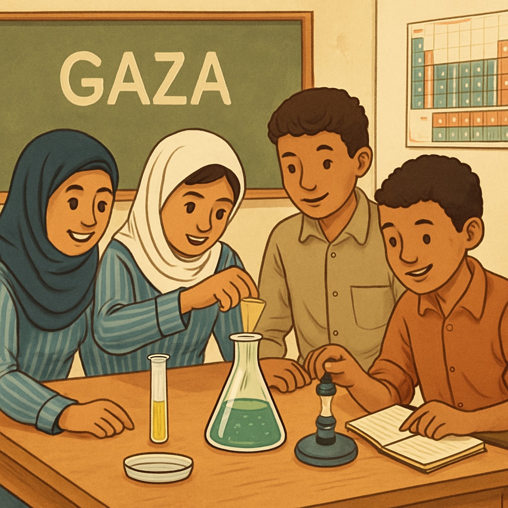 Gaza classroom with students learning science concepts.