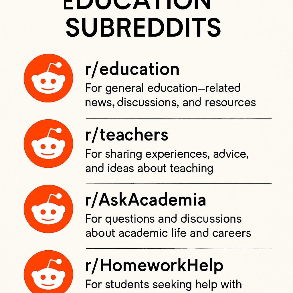 Visual representation of Reddit education subreddits with highlights on their focus areas.