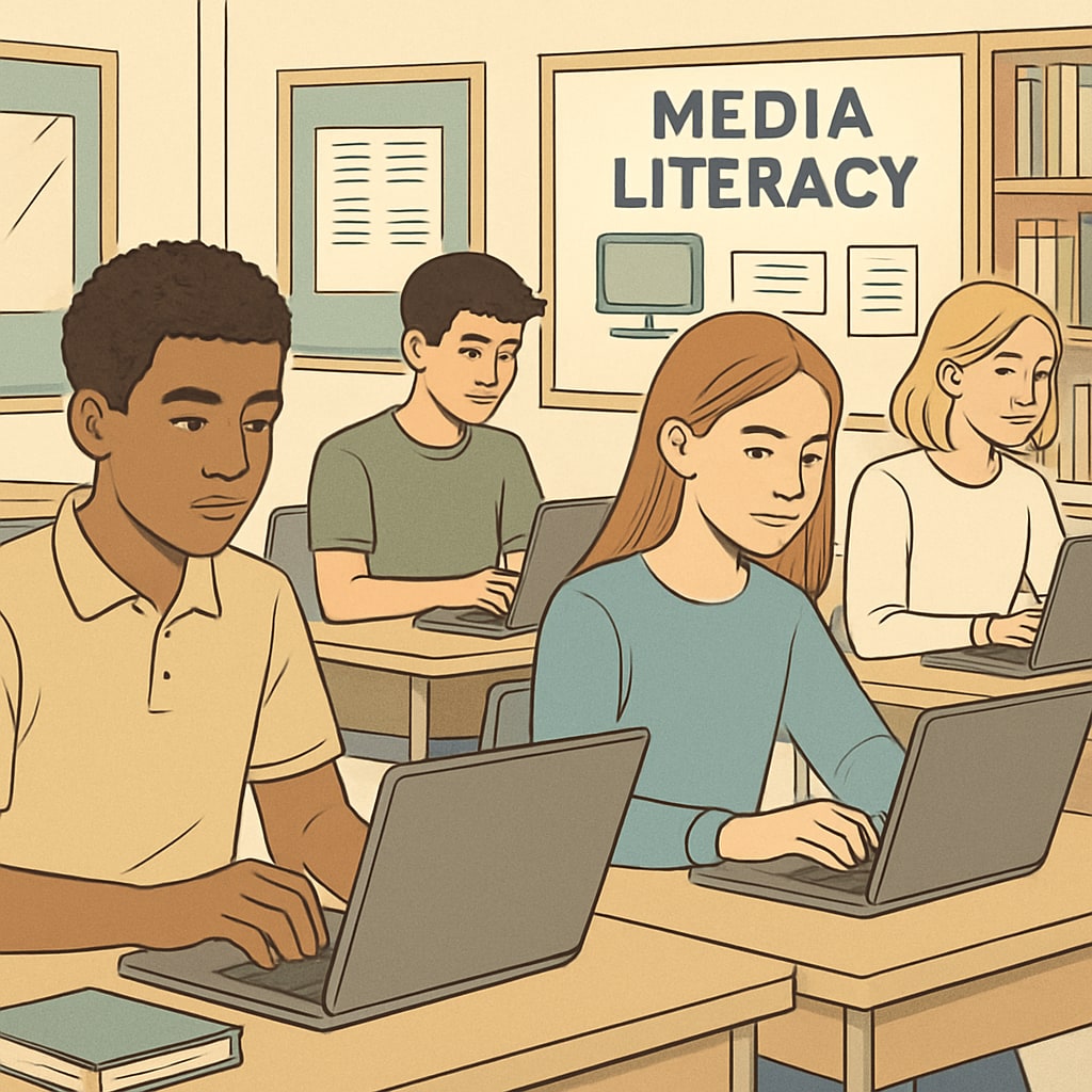 High school students using laptops in a media literacy class with AI tools.
