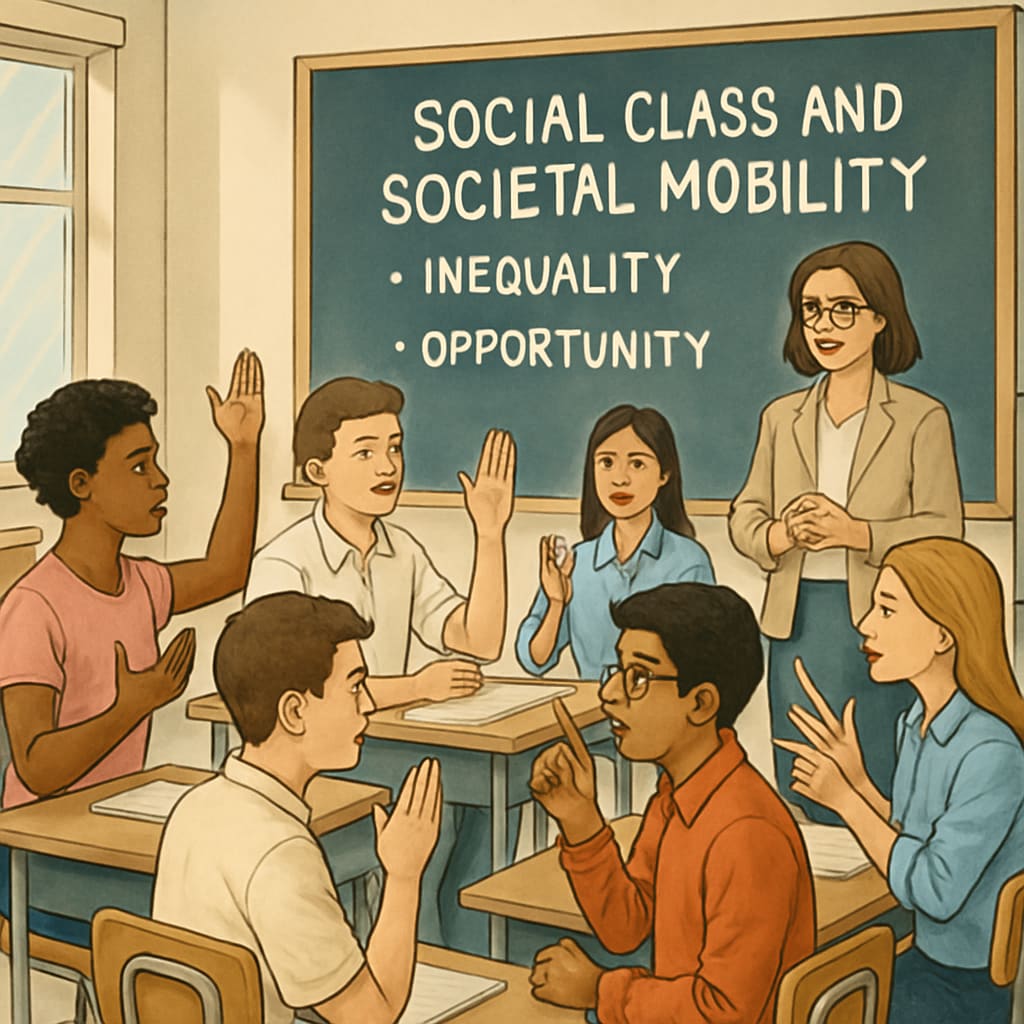Students discussing social class and societal mobility in a classroom setting.