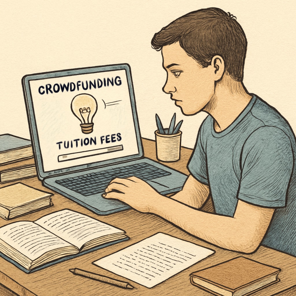 A student drafting a crowdfunding campaign to tackle tuition challenges.