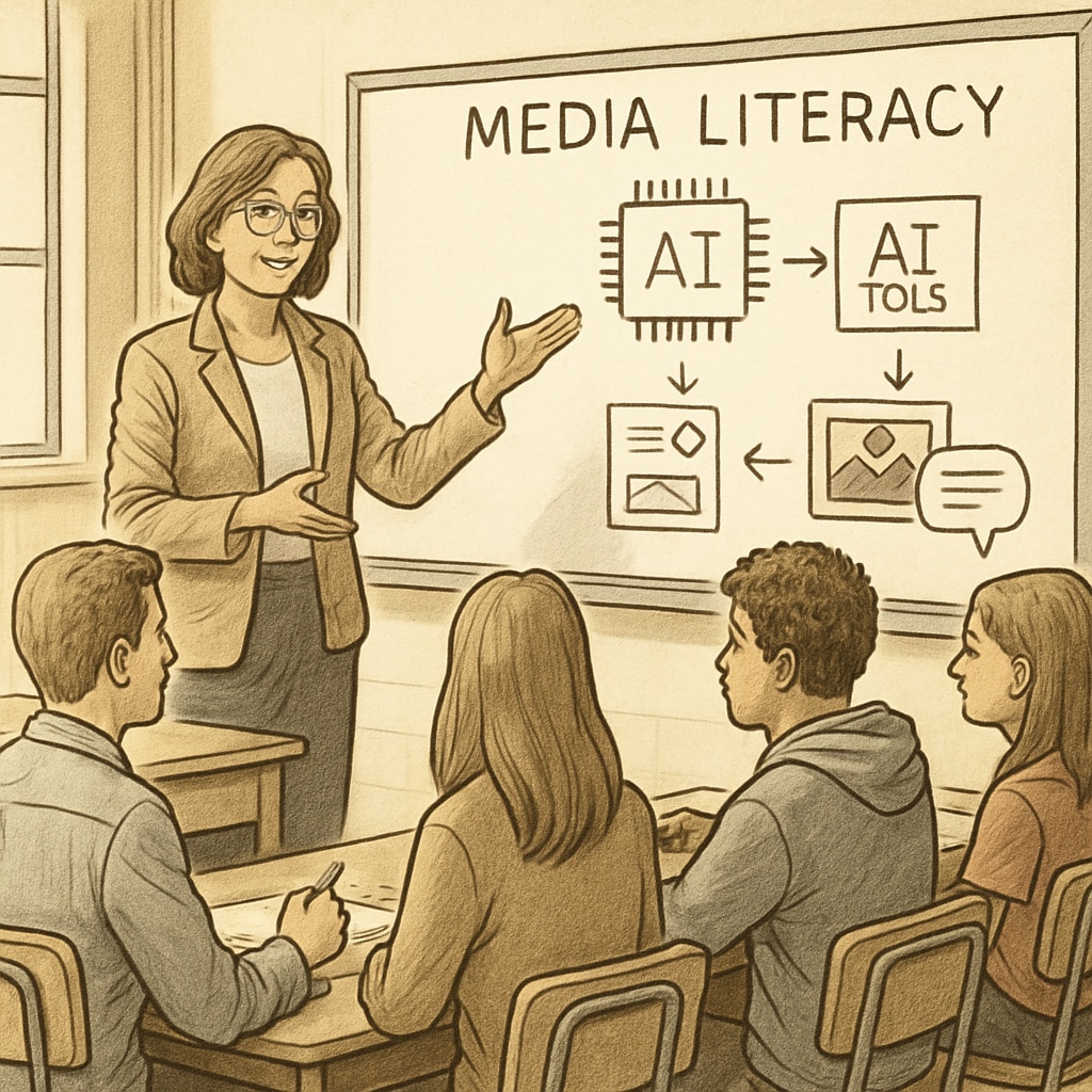 Teacher showcasing AI tools for media analysis in a high school classroom.