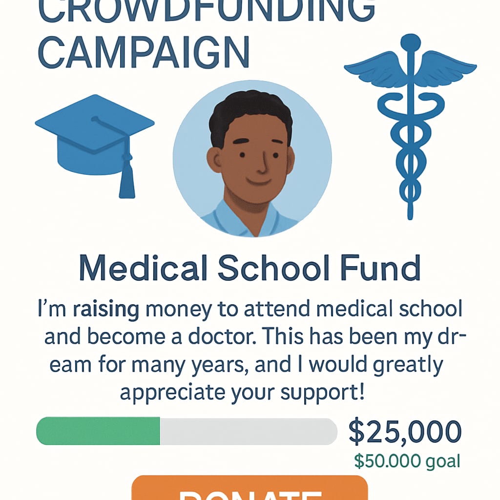 A crowdfunding campaign for medical school tuition on GoFundMe.