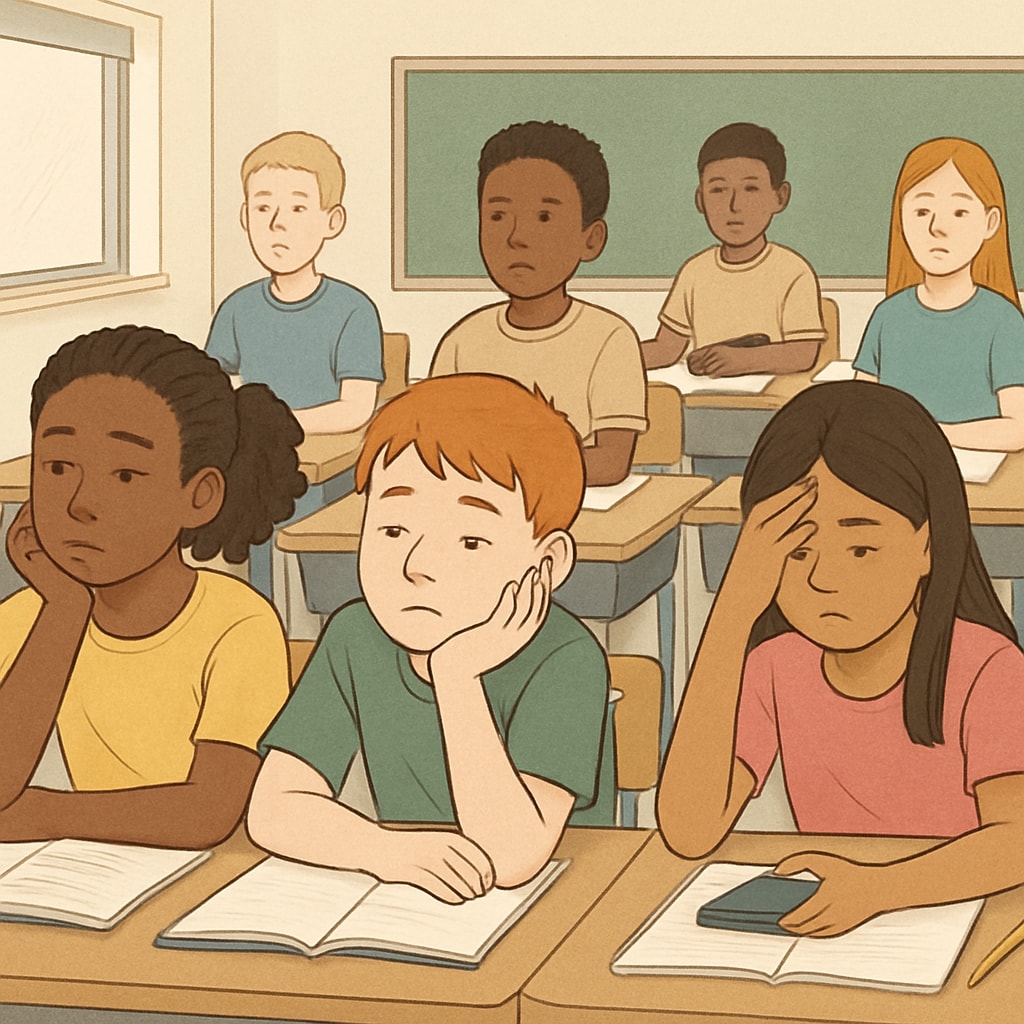 Students sitting in a classroom looking disengaged, reflecting the issue of boredom in global education.