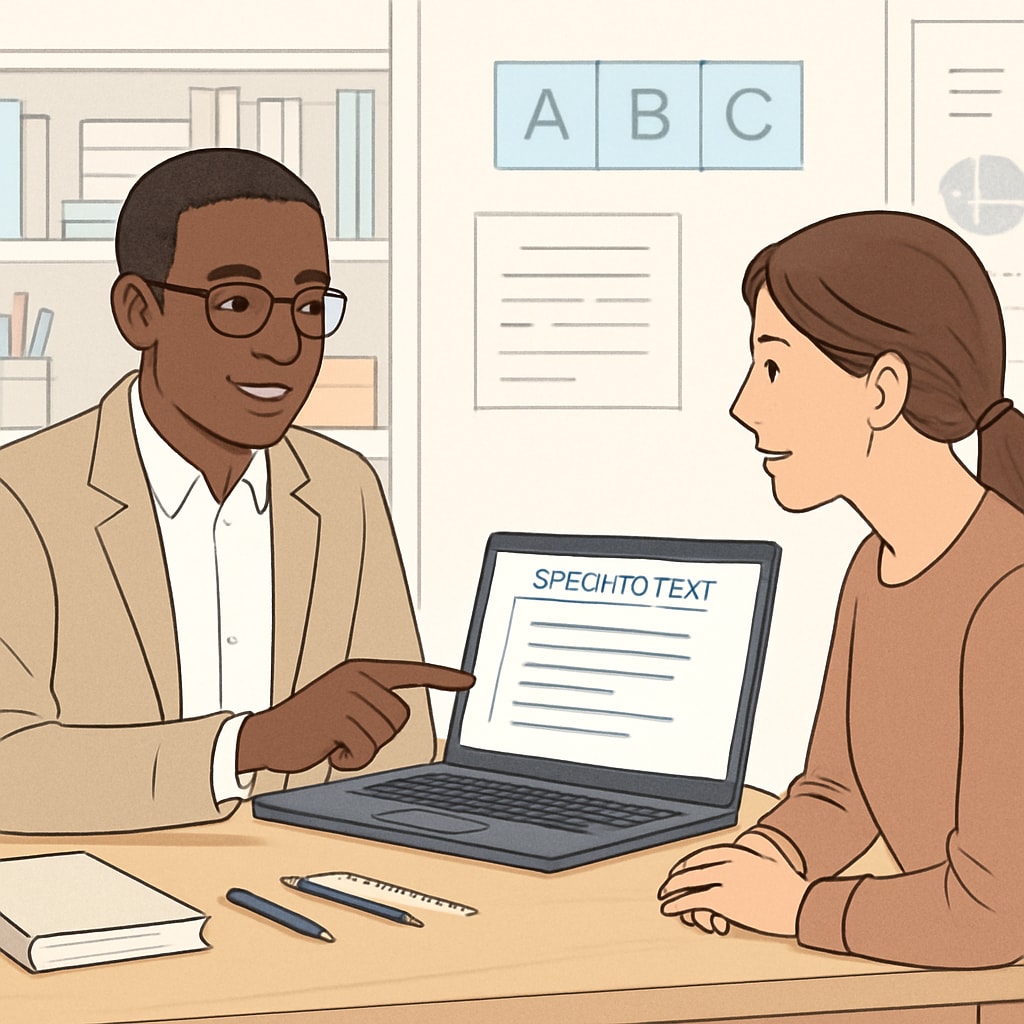 An educator reviewing speech-to-text transcriptions on a laptop while discussing a student’s progress with a parent. WillowVoice facilitating parent-teacher communication through speech-to-text tools.