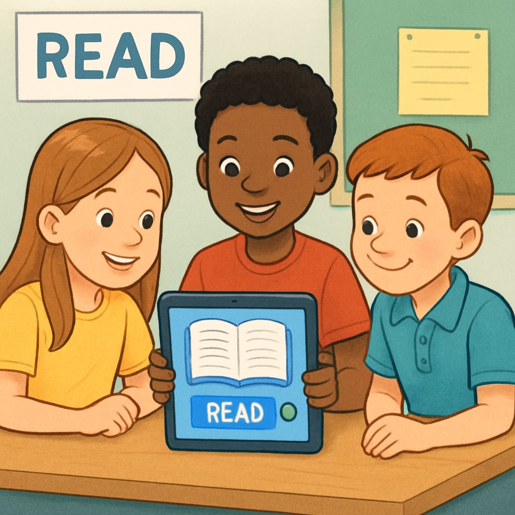 Children using a children's reading app on an Android tablet.