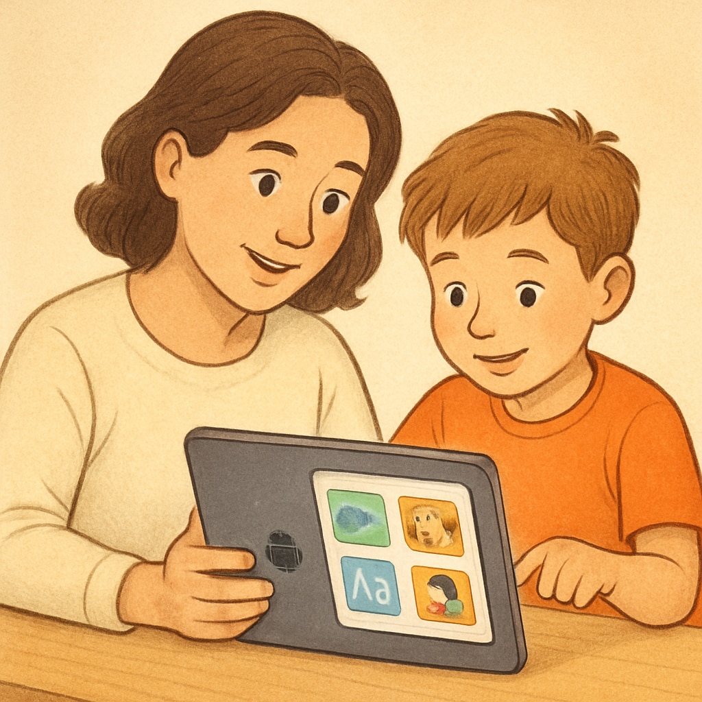 Parent and child testing a children's reading app on an Android device.