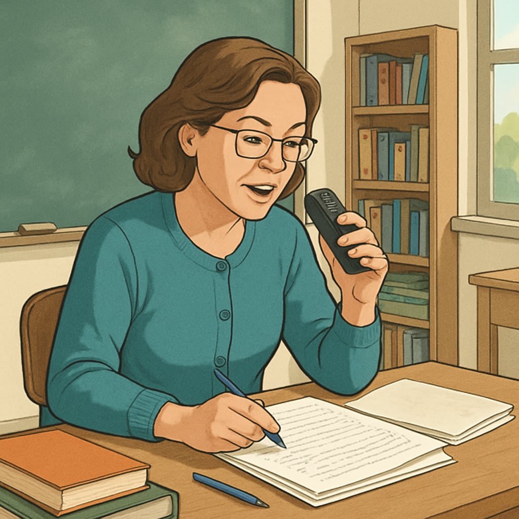 Teacher providing essay feedback using WillowVoice in a school setting.