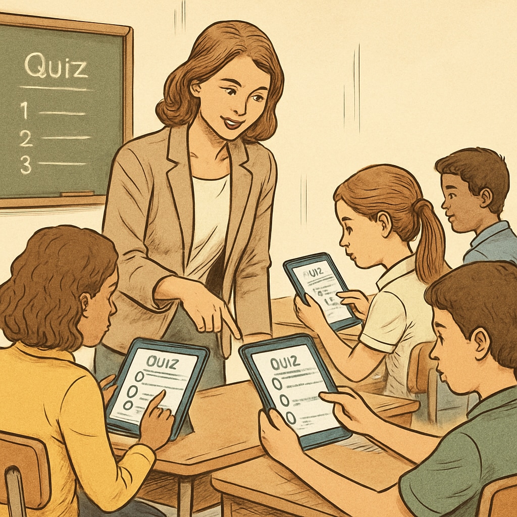 A teacher assisting students with interactive quiz tools, representing effective resources for K12 learning.