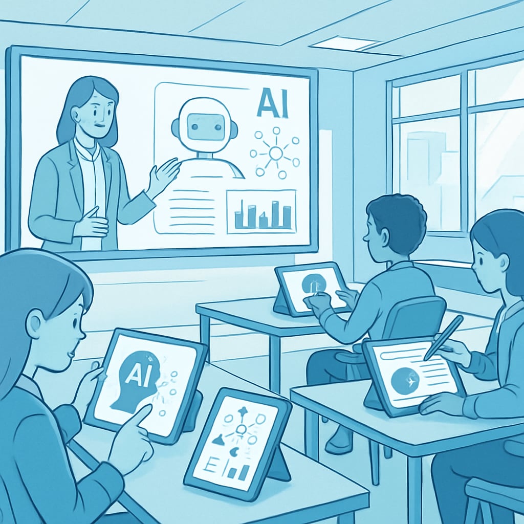 AI-driven tools in a futuristic classroom setting for K12 education.