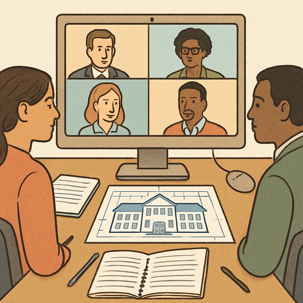 Parents and teachers in virtual collaboration about a temporary campus.