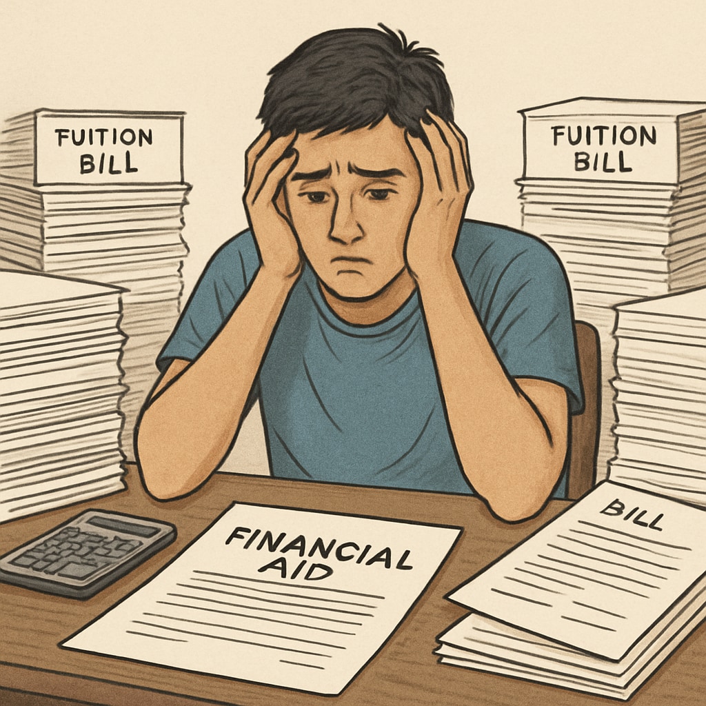 A college student overwhelmed by tuition bills, illustrating the impact of tuition crises.
