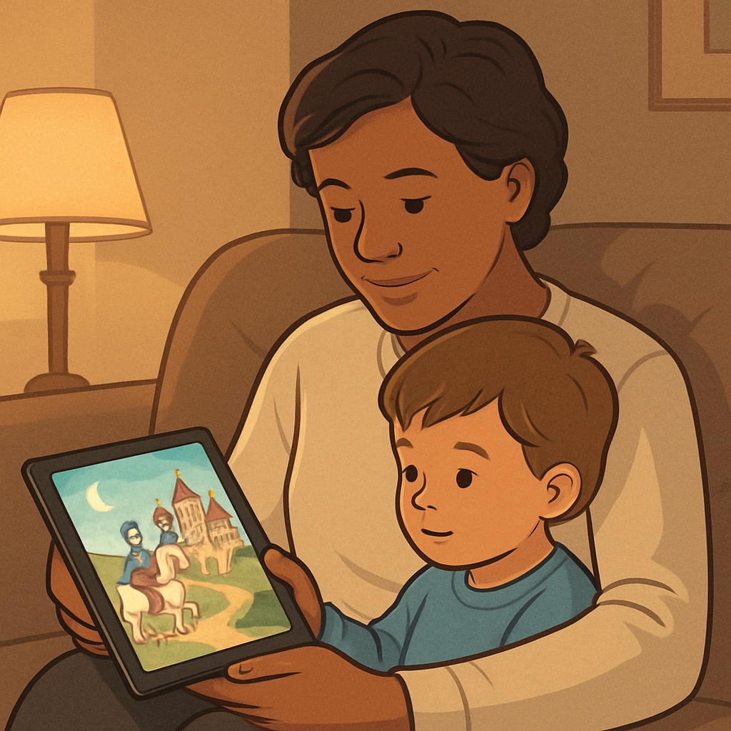 Parent and child enjoying a digital storybook on a tablet.