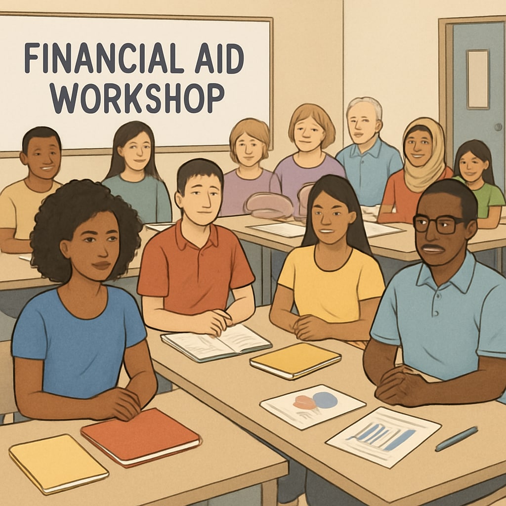 Students and families at a financial aid workshop, highlighting community-driven solutions for tuition crises.