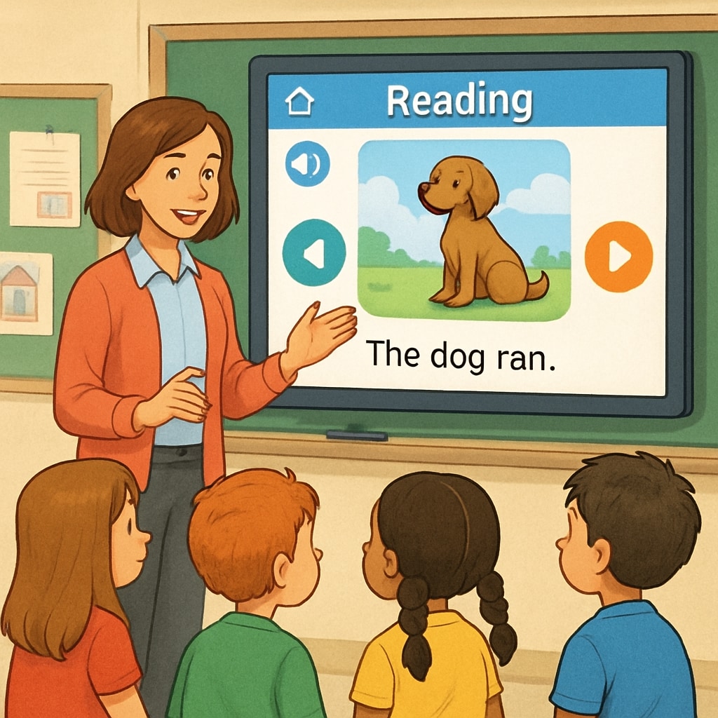 Teacher demonstrating a digital storybook app to students in a classroom.