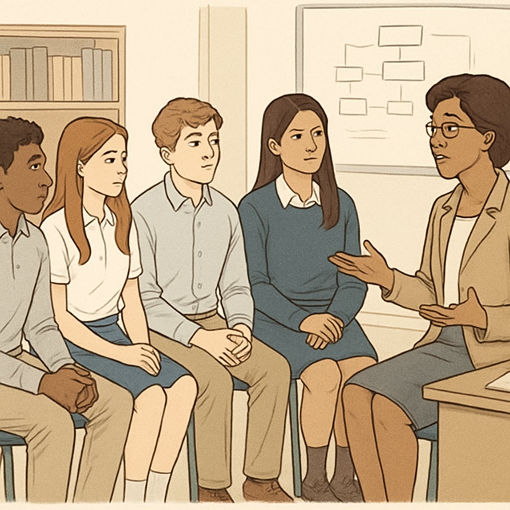 High school students planning U.S. master’s applications with a counselor.