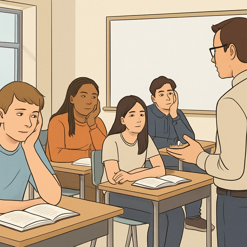 High school students appearing bored during class, reflecting global education trends.