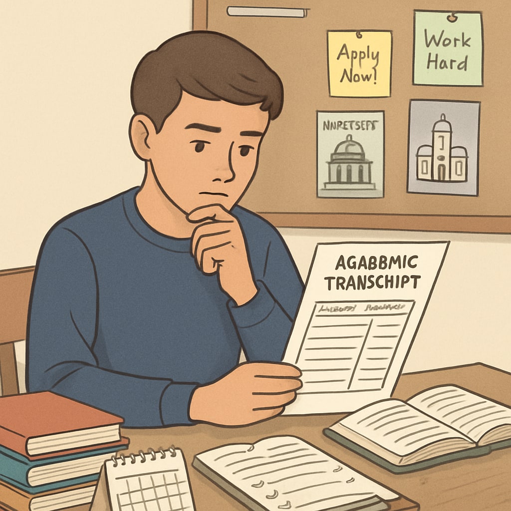 Student reviewing transcript for university admissions, including CALM course grade.