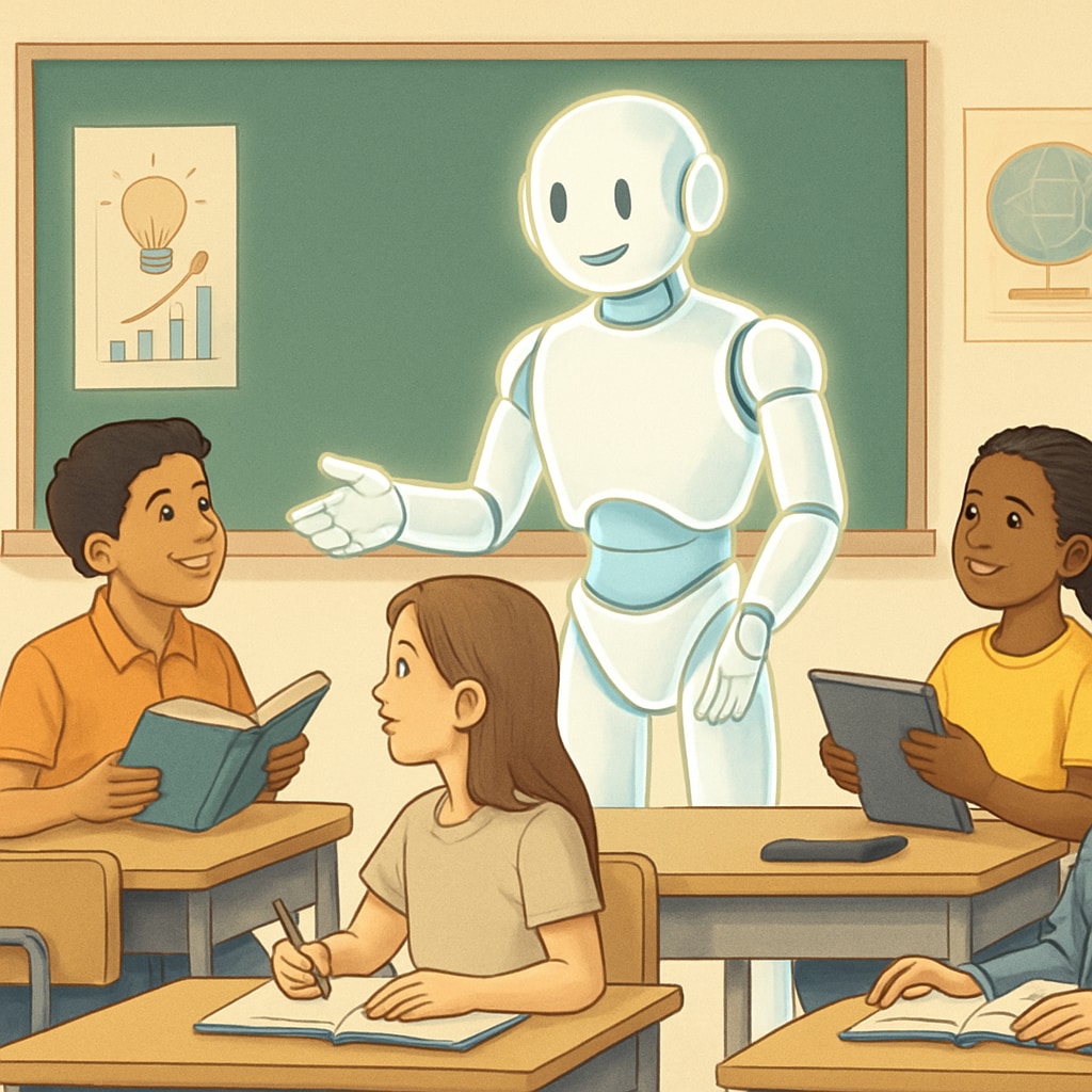 AI interacting with students in a classroom setting, showcasing personalized education.