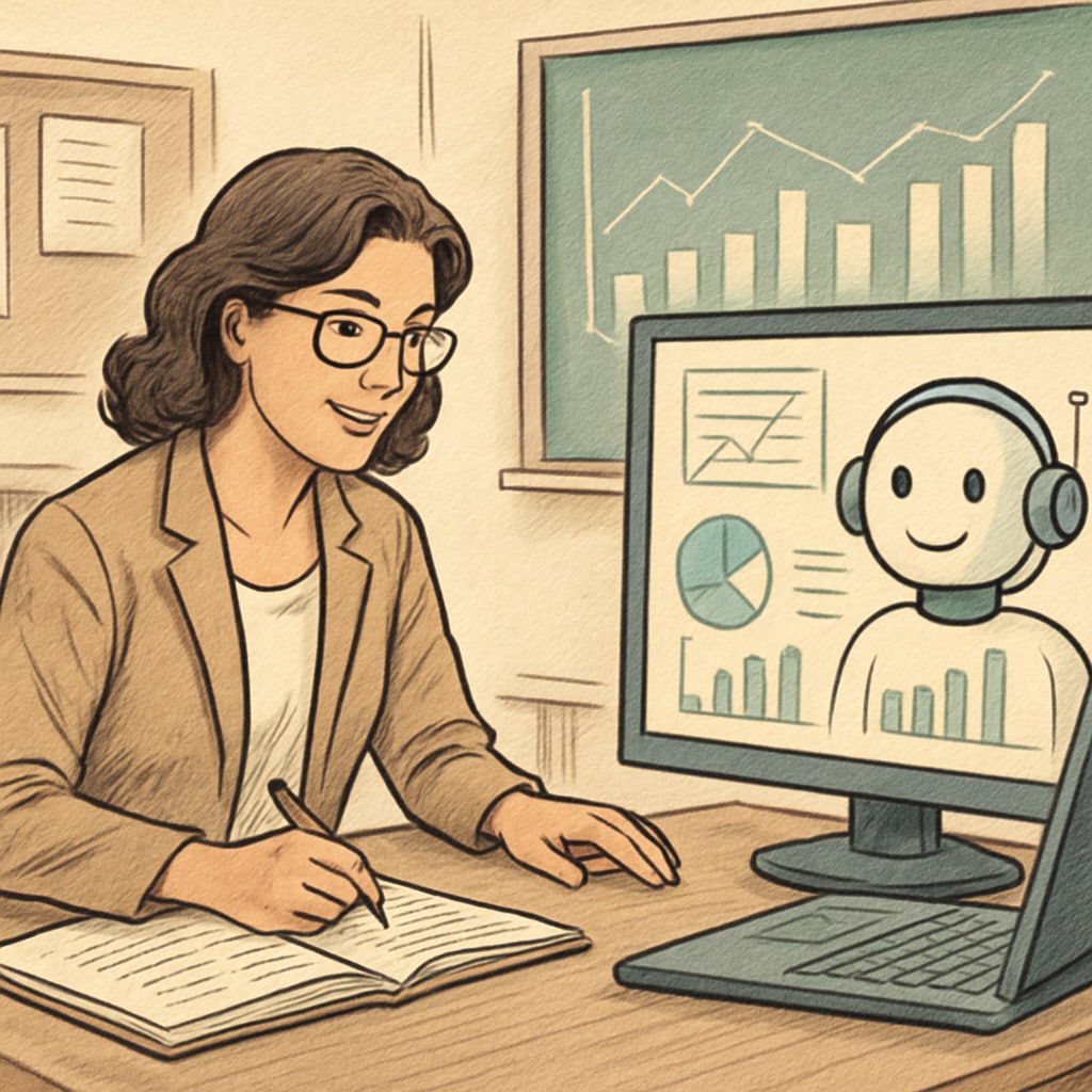 Teacher using AI-driven tools to monitor and enhance student learning outcomes.