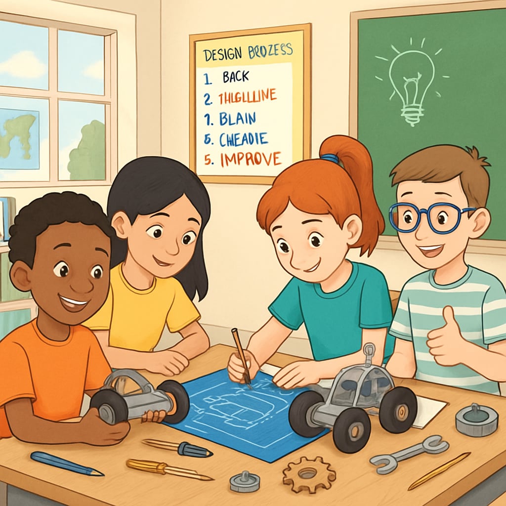 A classroom scene showing children engaged in a collaborative engineering design project, with tools and prototypes on their desks. Students working together on engineering design projects in a classroom setting.