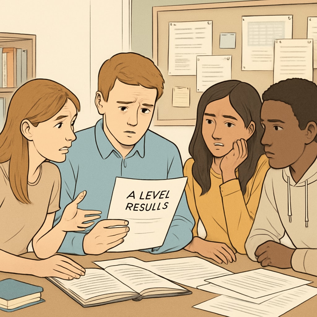 Students reviewing A-Level exam results, discussing education choices