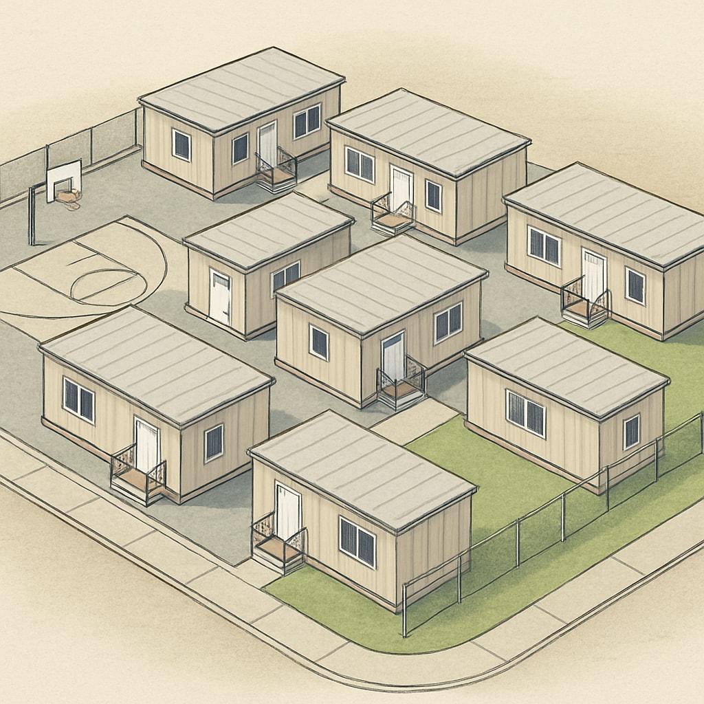 Temporary school setup with modular classrooms and limited outdoor space