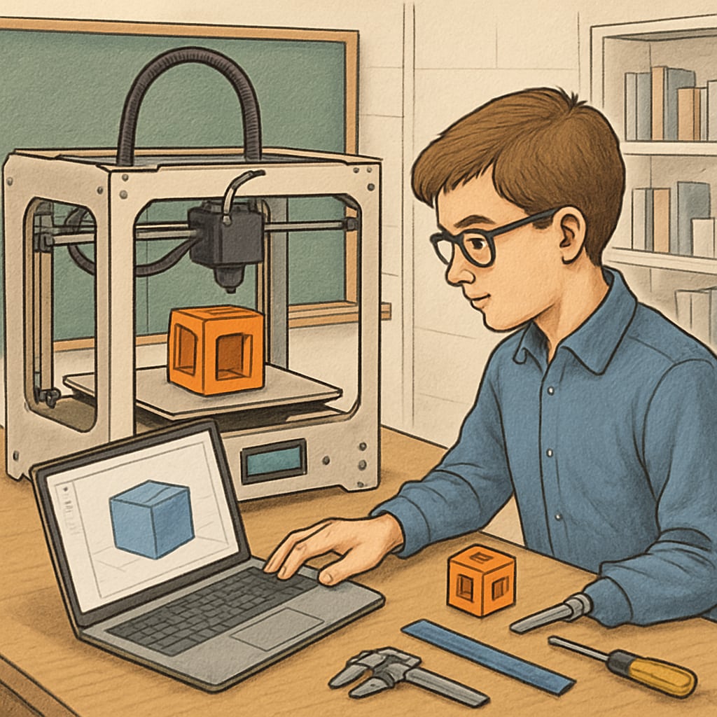 A student working on a 3D printer design as part of a STEM-focused classroom activity. A student using 3D printing technology in a STEM learning environment.