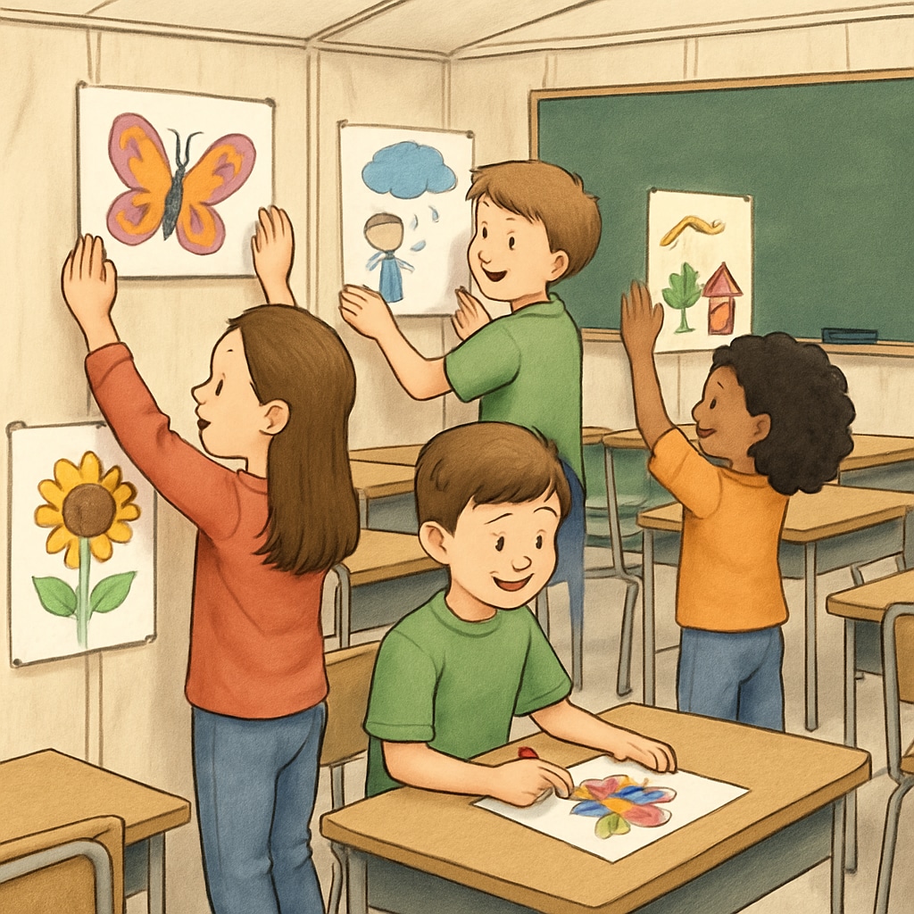 Children decorating a temporary classroom with their artwork