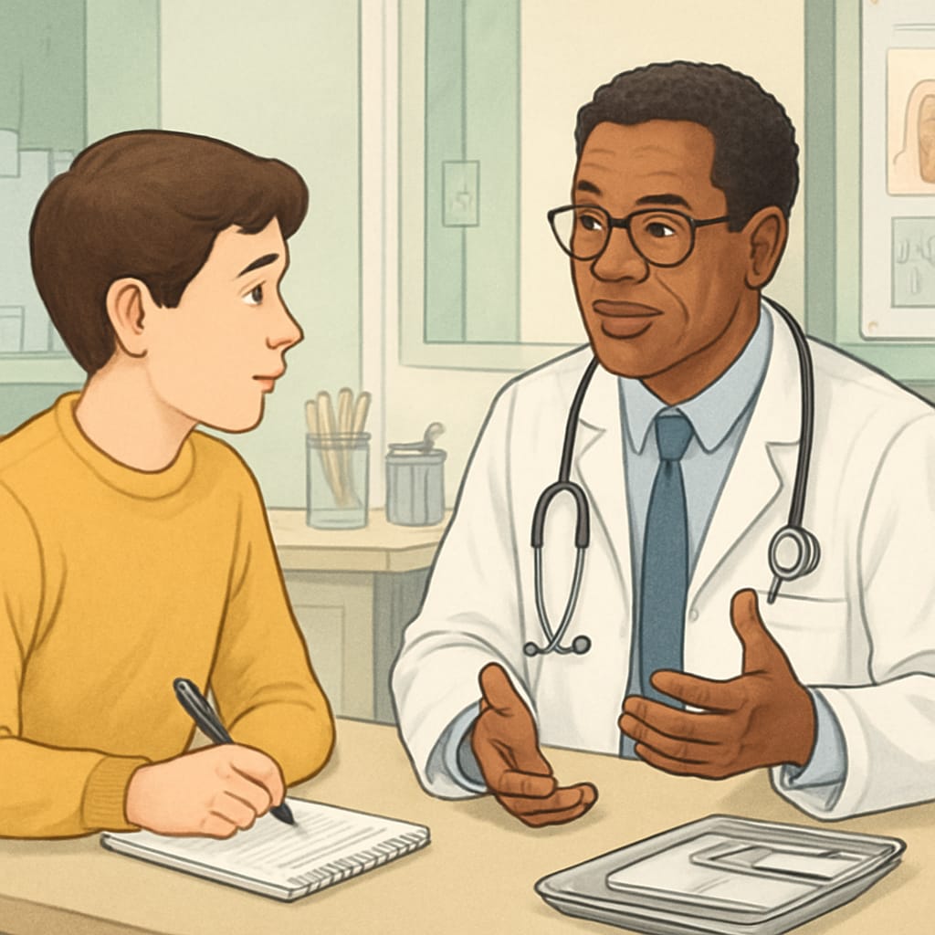 A young student interviewing a physician in a hospital setting, discussing career paths in medicine. Student interviewing a doctor about medical career pathways.