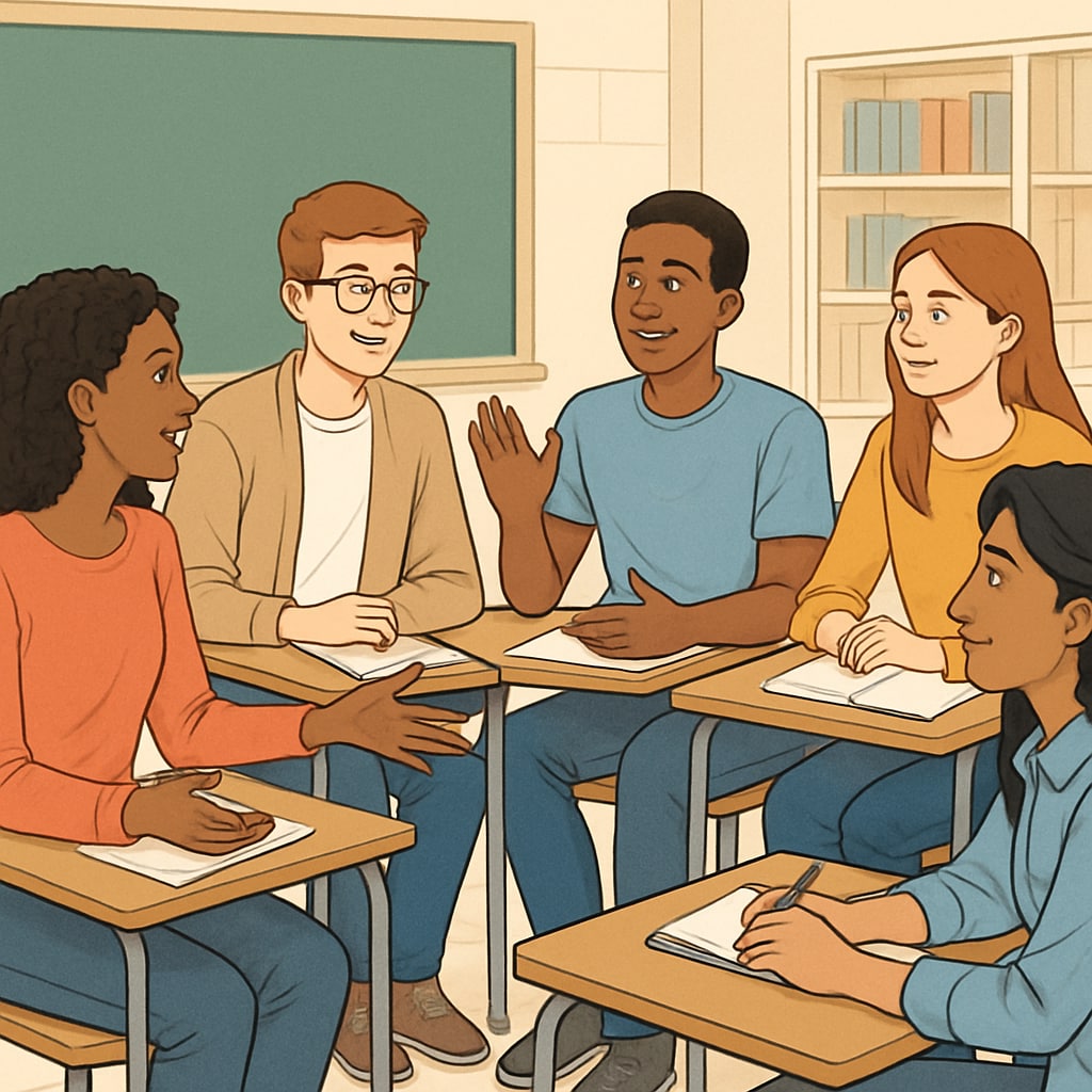 Students discussing social issues in a classroom as part of 