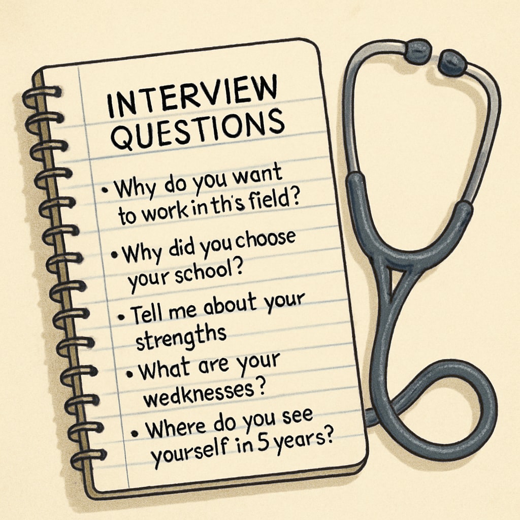 A notebook with written interview questions alongside a stethoscope, symbolizing preparation for a medical career interview. Interview preparation materials for medical career exploration.